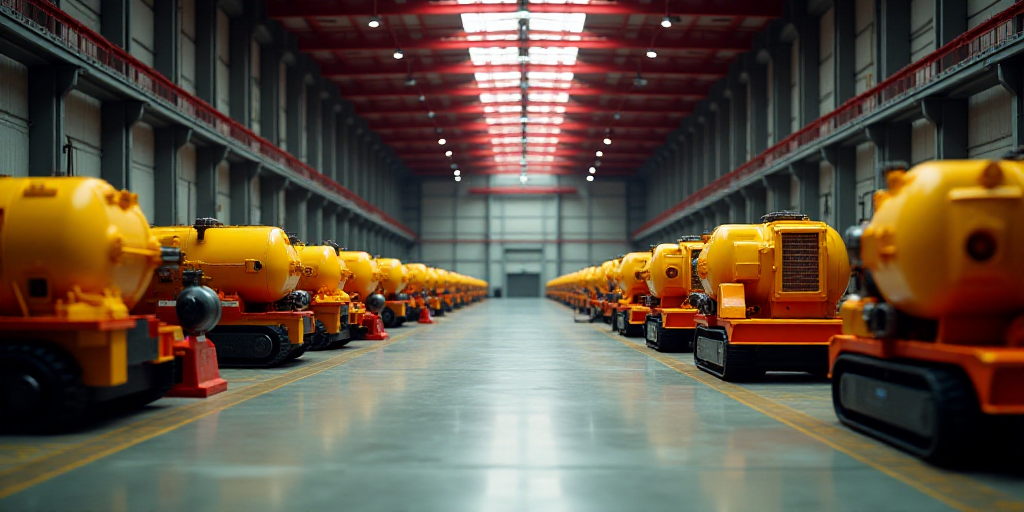 a large warehouse with a long line of yellow and red machinery on the floor and a red ceiling with l