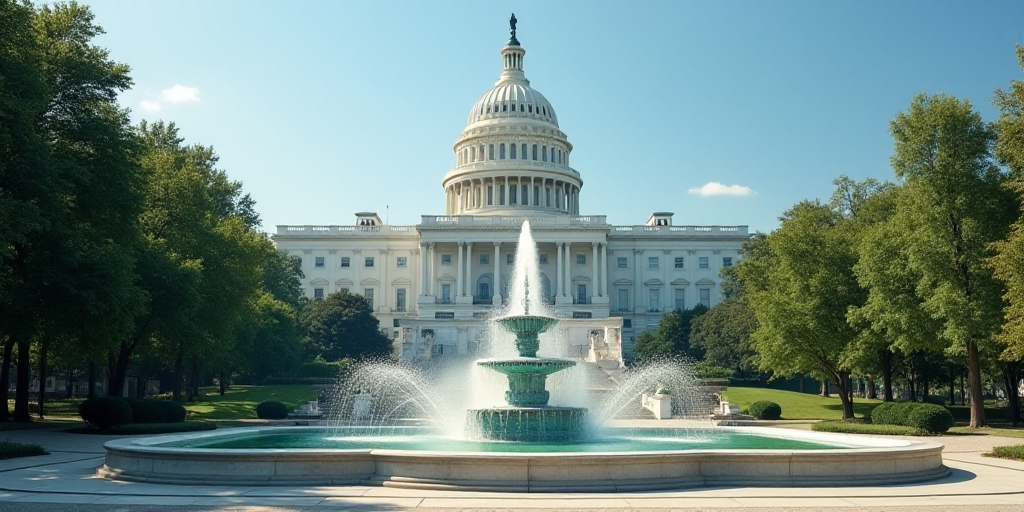 a large white building with a fountain in front of it and trees in front of it and a blue sky, Brend
