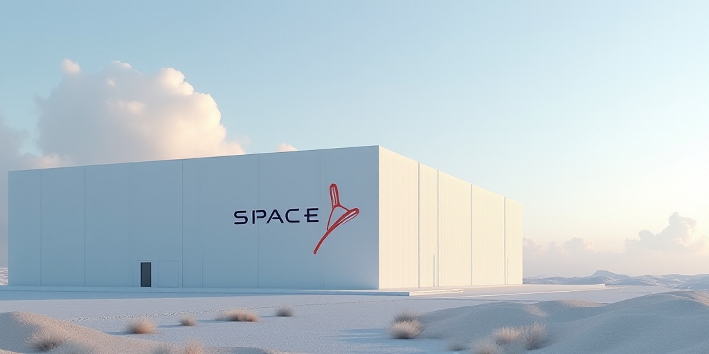a large white building with a spacex logo on it's side and a sky background with clouds, Felix-Kelly