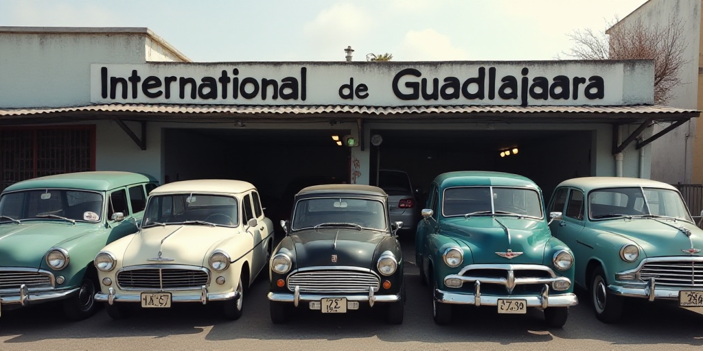 a line of cars parked in front of a building with a sign on it that says international de guadalajar