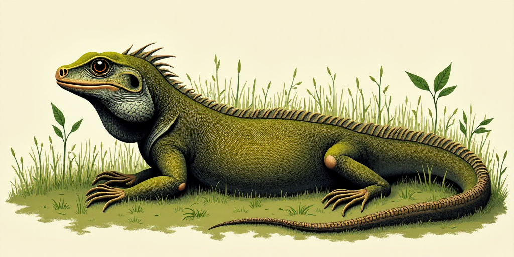 a lizard is laying on the ground in the grass and grass is growing around it's head and neck, Cricor