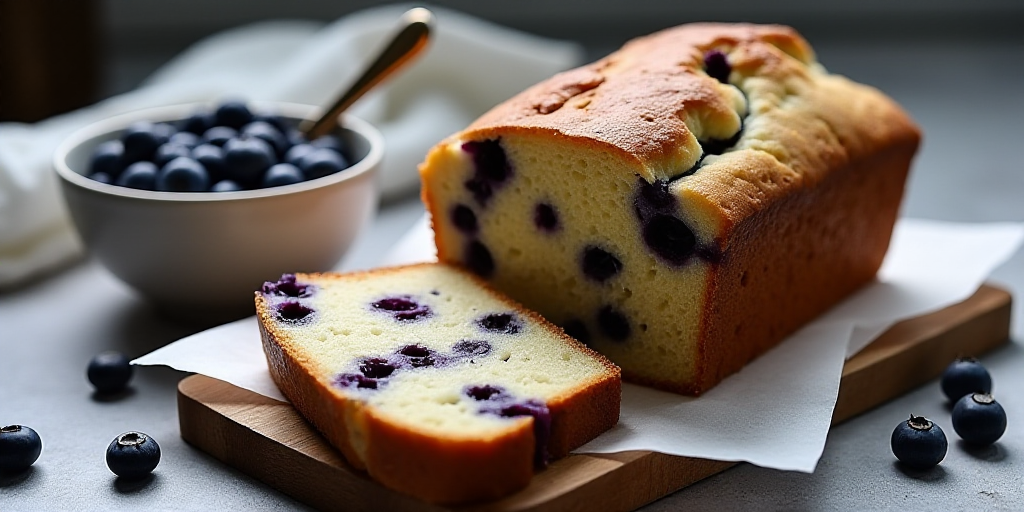 a loaf of blueberry bread cut in half and sitting on a table with a spoon and a cup of blueberries,