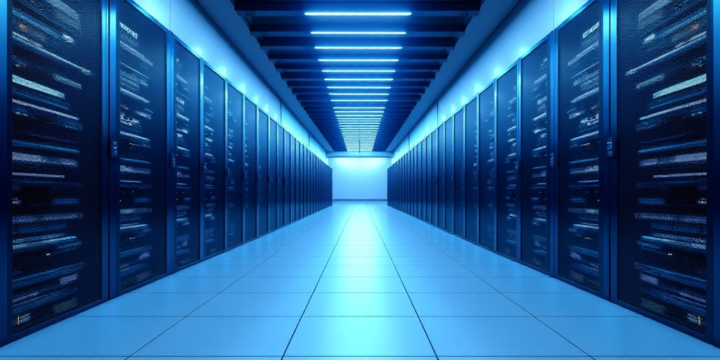 a long hallway with rows of blue servers in a data center with a blue ceiling and a white tiled floo