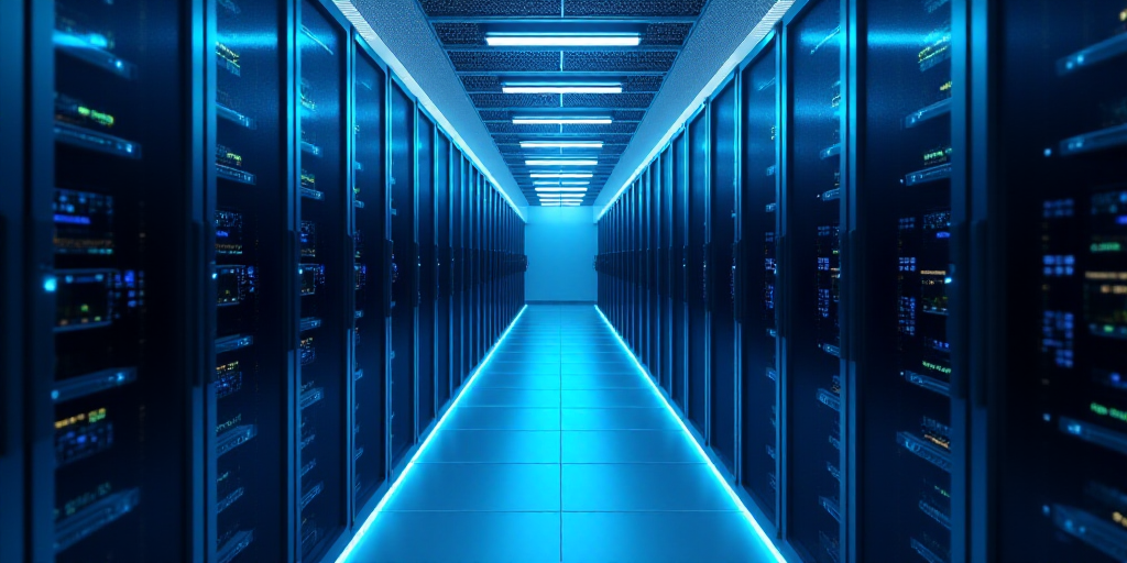 a long hallway with rows of servers in a data center with blue lights on the ceiling and flooring, A