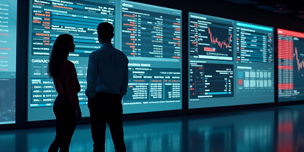 a man and a woman are looking at a display of stock information on a wall in a building with multipl
