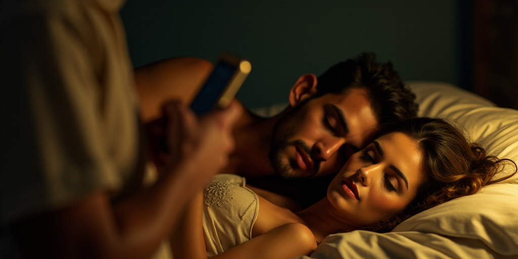 a man and a woman laying on a bed together with a light shining on them and a person holding a cell