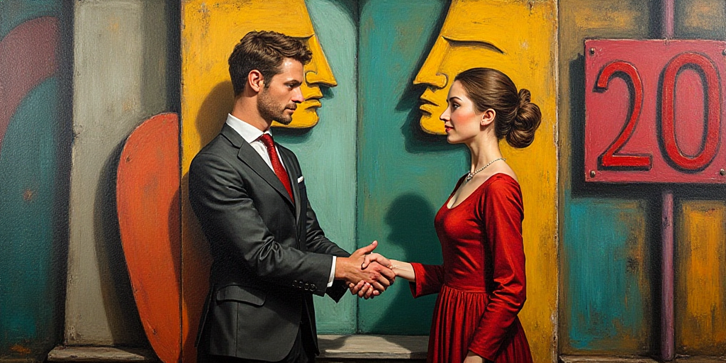 a man and a woman shaking hands in front of a sign that says 20 bras building a just world and a sui