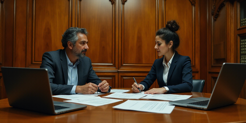 a man and a woman sitting at a table with papers and laptops on it, in a room with wooden paneling,