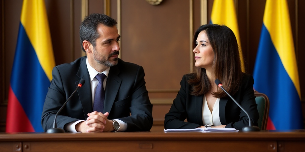 a man and a woman sitting at a table with microphones in front of them and flags behind them, Eva Go
