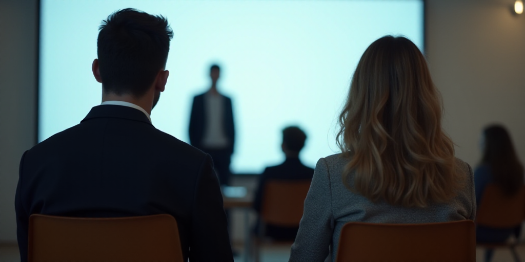 a man and a woman sitting in chairs in front of a screen with a man standing behind them and a woman