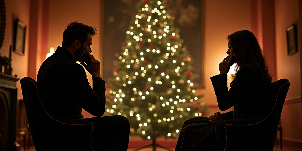 a man and a woman sitting in front of a christmas tree talking on cell phones in a room with a chris
