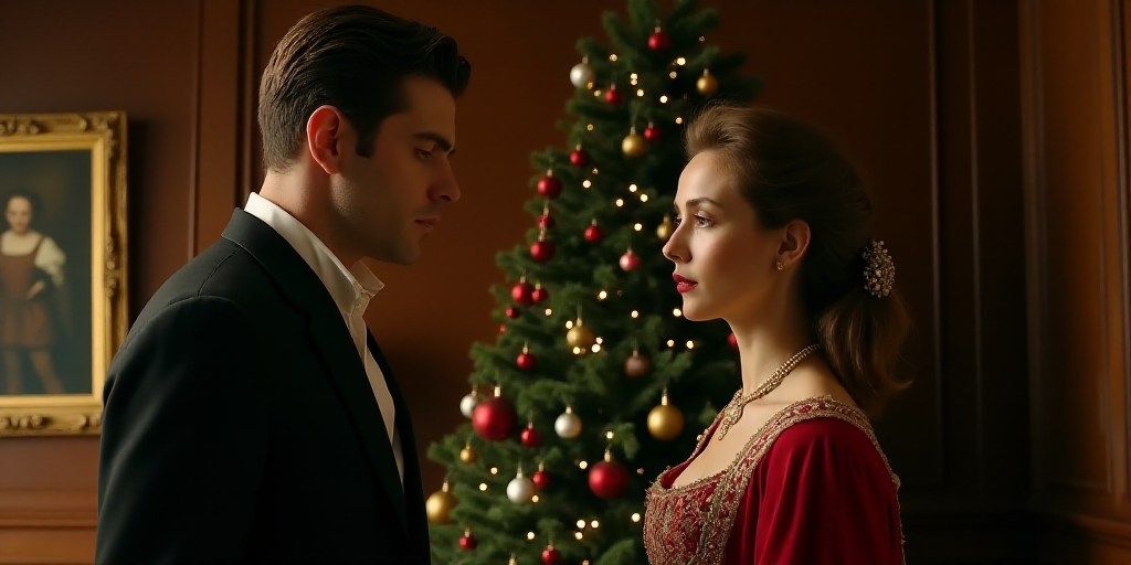 a man and a woman standing in front of a christmas tree in a room with wooden paneling and a mirror,