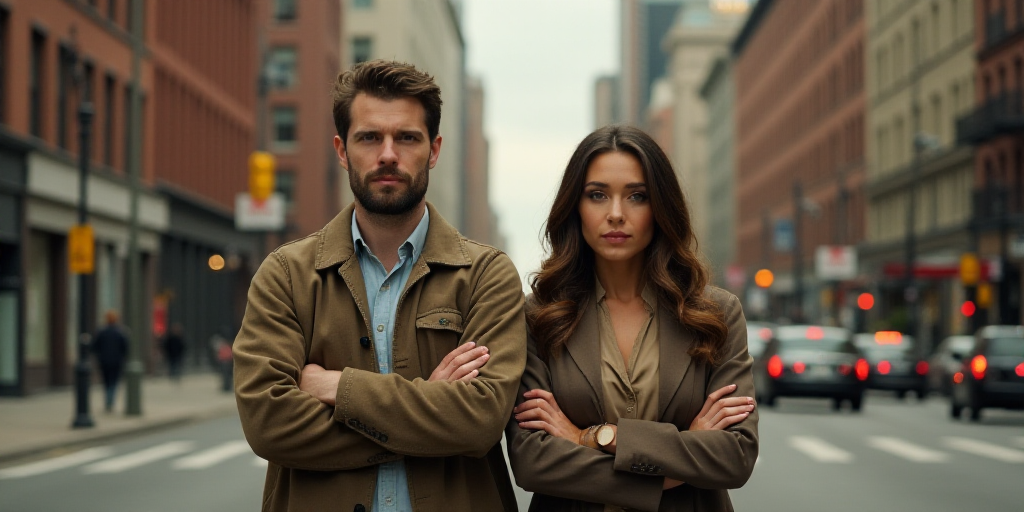 a man and a woman standing in the street with their arms crossed and looking at the camera with a ci