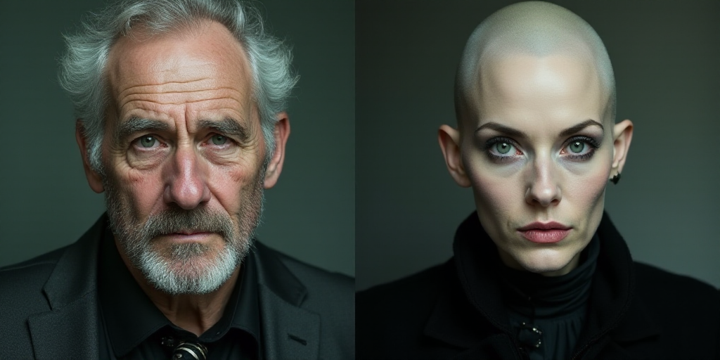 a man and a woman with gray hair and a balding head are shown in two different photos one is older a