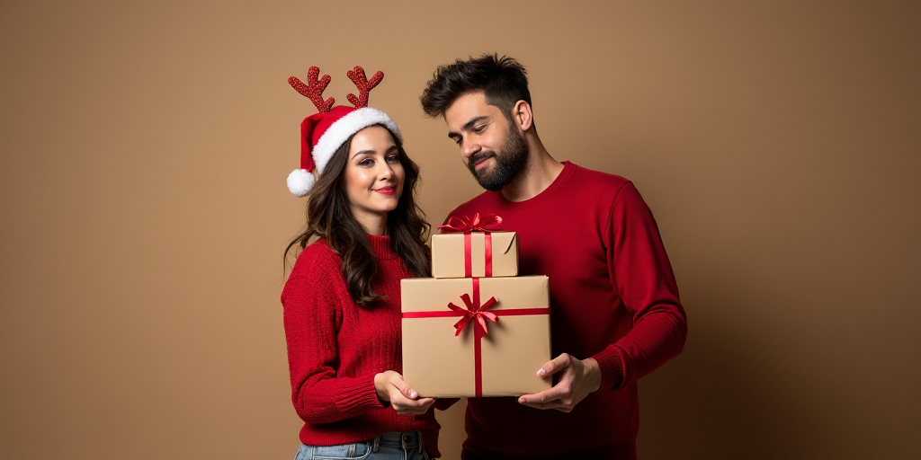 a man and woman holding a stack of presents with a reindeer hat on and a christmas sweater on and a