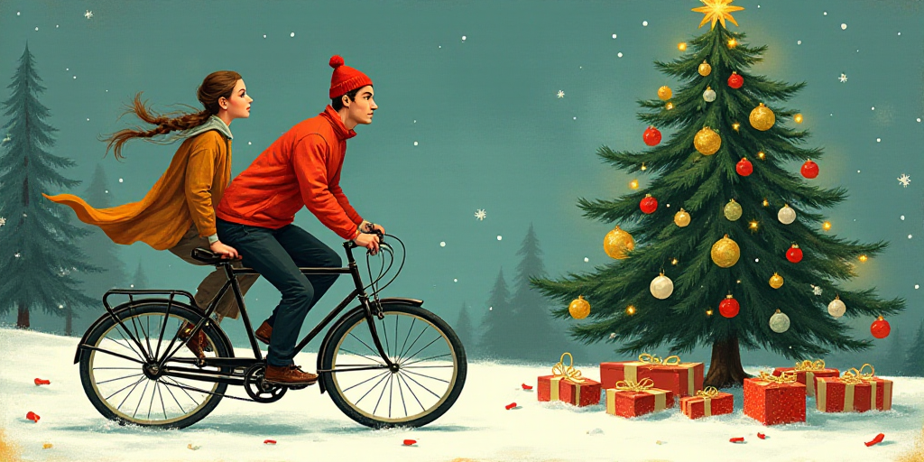 a man and woman riding bikes in front of a christmas tree and a christmas tree with presents on it,