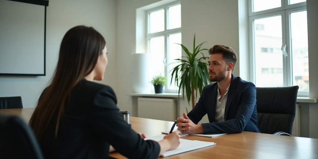 a man and woman sitting at a table talking to each other in a meeting room with a plant in the foreg