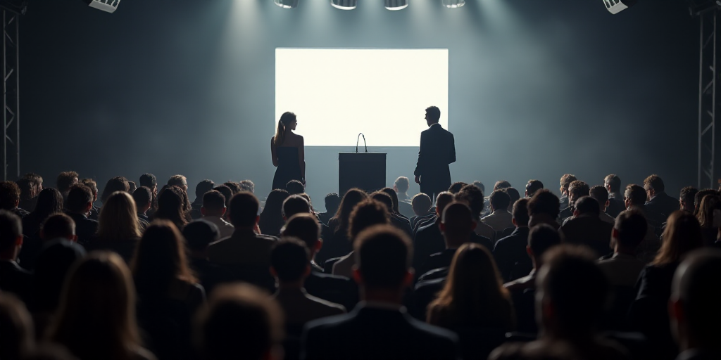 a man and woman standing at a podium in front of a crowd of people in front of a large screen, Ánge