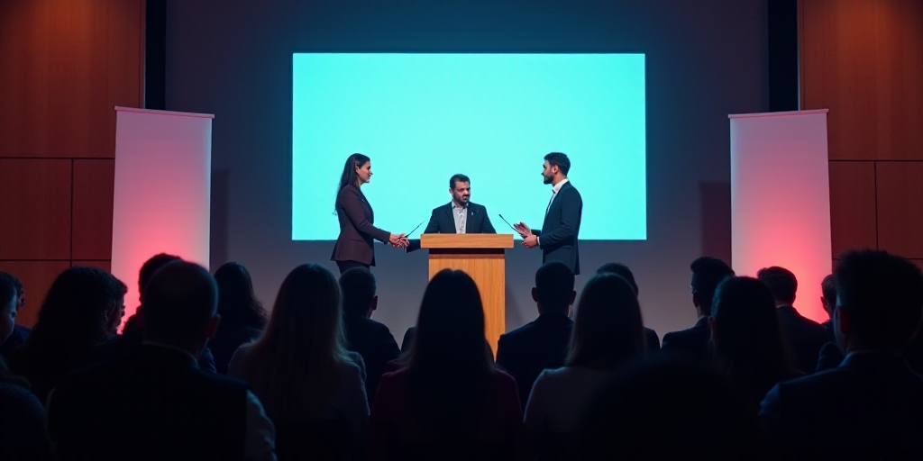 a man and woman standing at a podium in front of a crowd of people in front of a large screen, Ánge