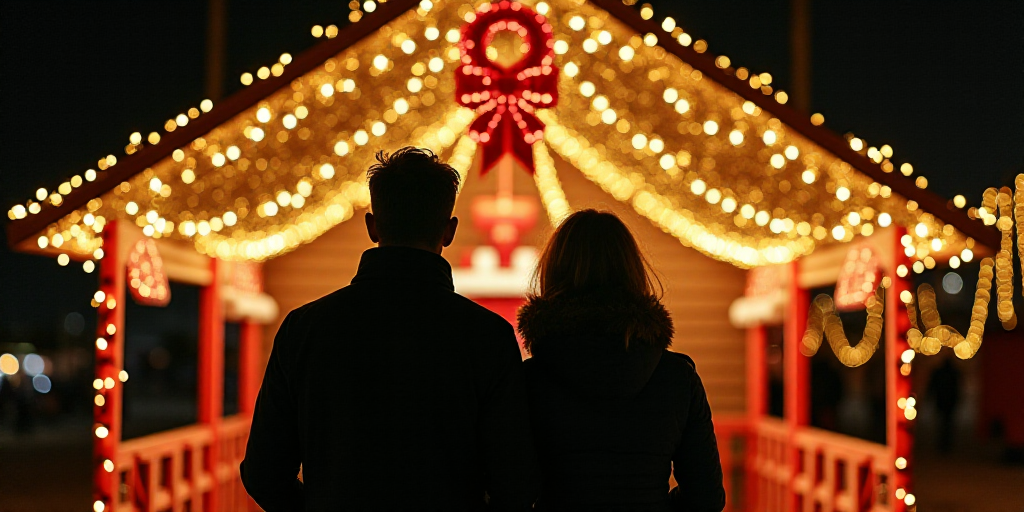 a man and woman standing in front of a christmas display with lights on it's sides and decorations o