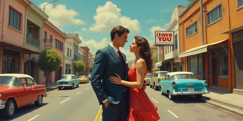 a man and woman standing on a street with cars in the background and a billboard in the background t