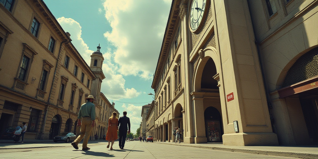 a man and woman walking down a street past a tall building with a clock on it's side, Emiliano Ponzi