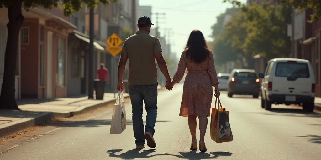 a man and woman walking down a street holding hands and carrying a bag with a large body of artwork