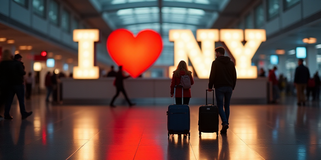 a man and woman walking through an airport with luggage and a large i love ny sign behind them with