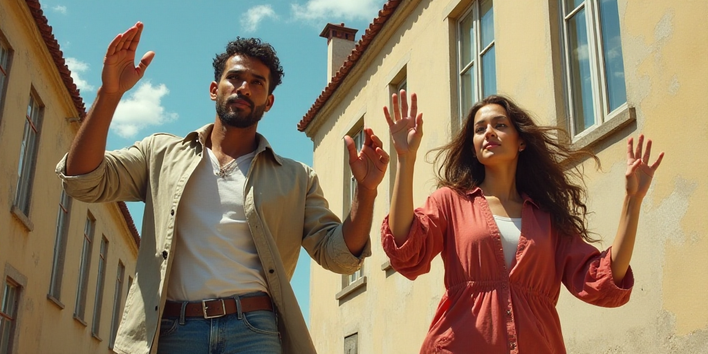 a man and woman waving and waving their hands in the air while standing outside a building with a bu