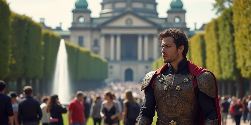 a man dressed in a costume standing in front of a crowd of people in front of a building with a foun