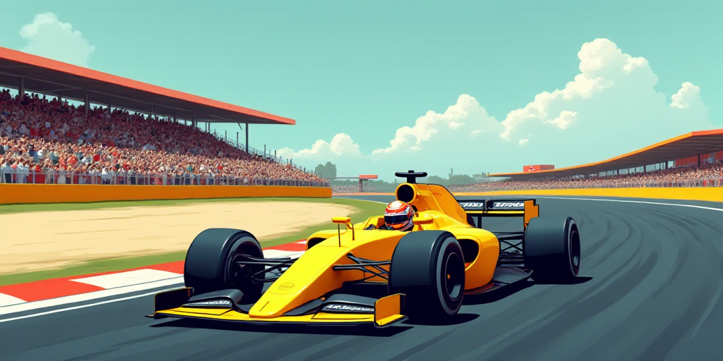 a man driving a yellow race car on a race track with a crowd watching from the sidelines behind him,