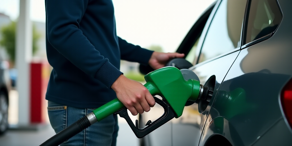 a man filling up a car with gas at a gas station, with a green fuel nozzle in his hand, Cao Zhibai,