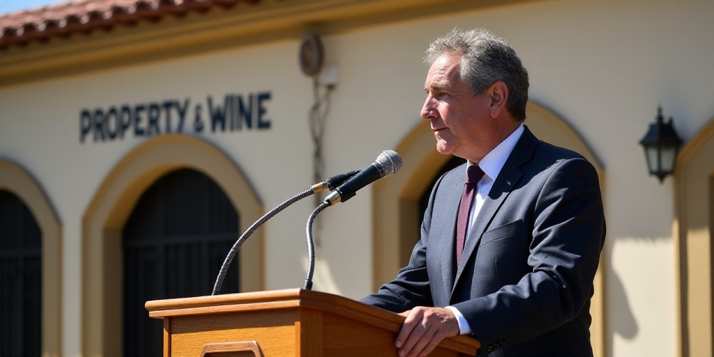 a man giving a speech at a podium in front of a building with a sign on it that says property and wi