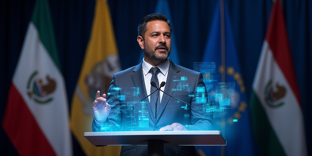 a man giving a speech in front of a microphone and flags in the background with a microphone in the
