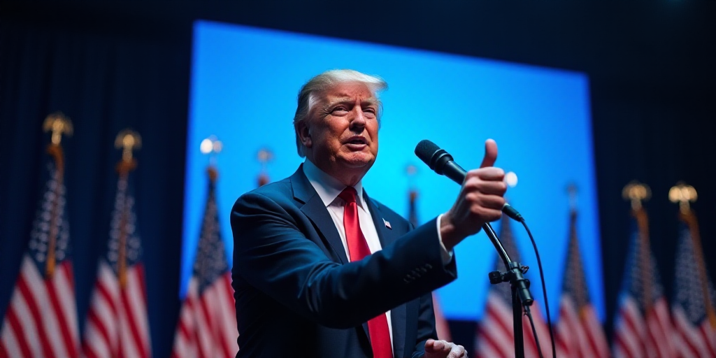 a man giving a thumbs up in front of a microphone and american flags in the background with a blue s