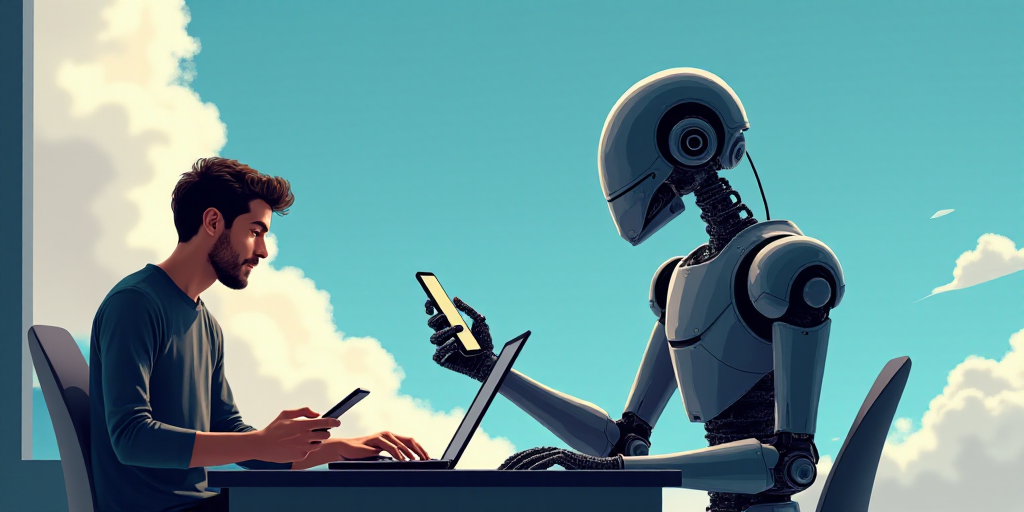 a man holding a cell phone next to a laptop computer and a robot holding a phone in his hand, Avgust