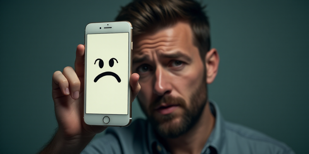 a man holding a cell phone with a sad face on it's screen in front of his face, Andries Stock, angry