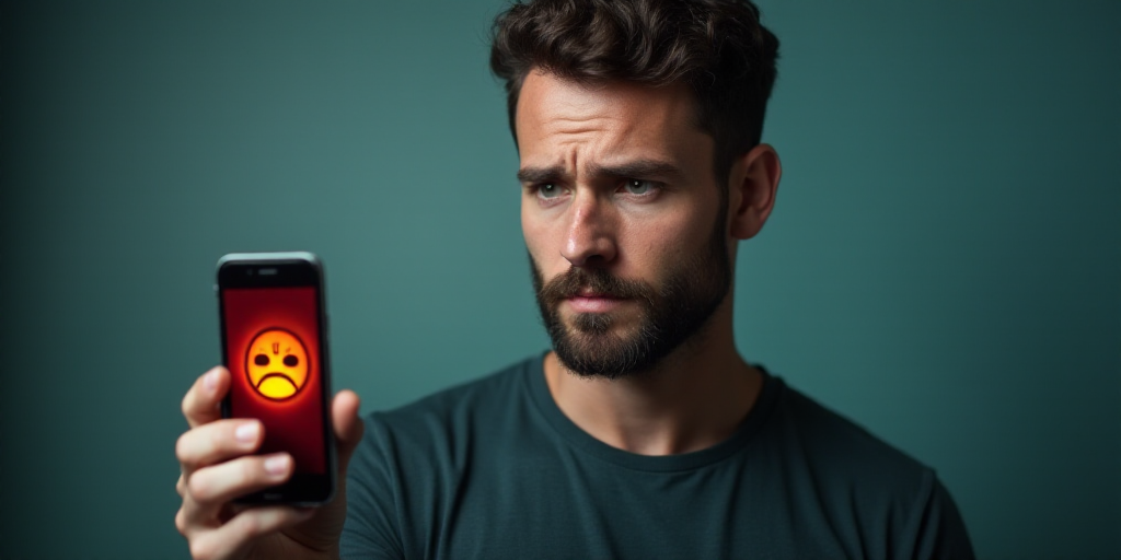 a man holding a cell phone with a sad face on it's screen and a sad expression on the screen, Andrie