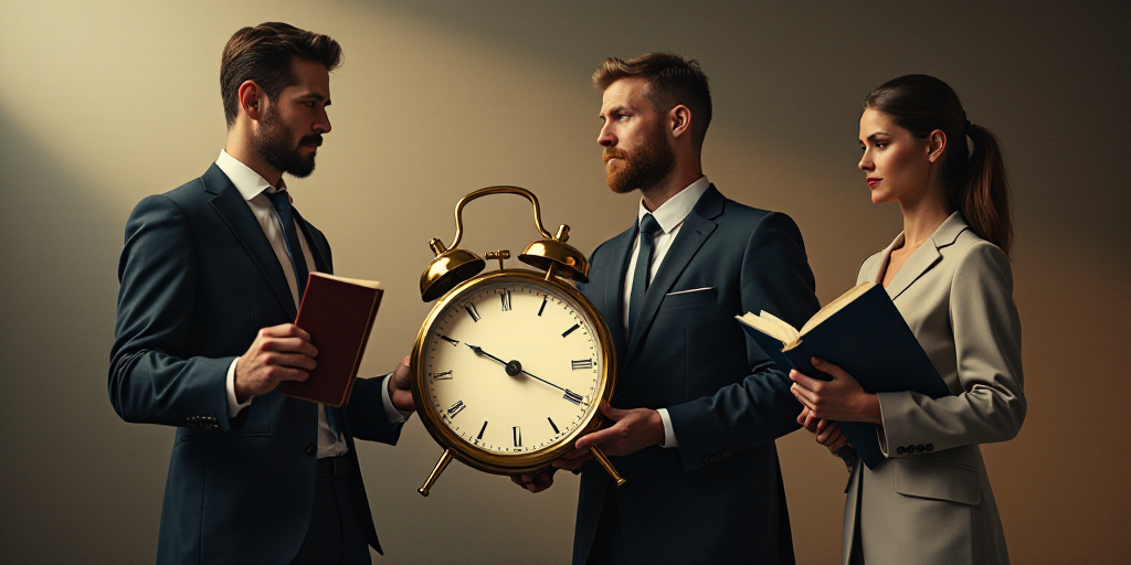 a man holding a clock in his hand while another man holds a book and a woman is holding a book, Bour