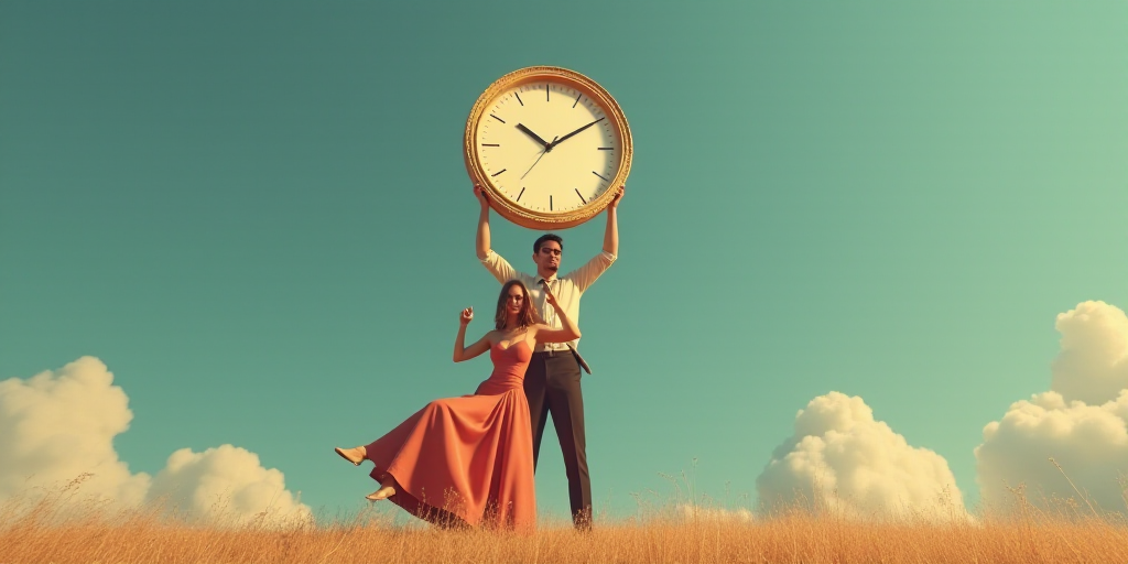 a man holding a clock in the air with a woman on his lap next to him and a man holding a clock in th
