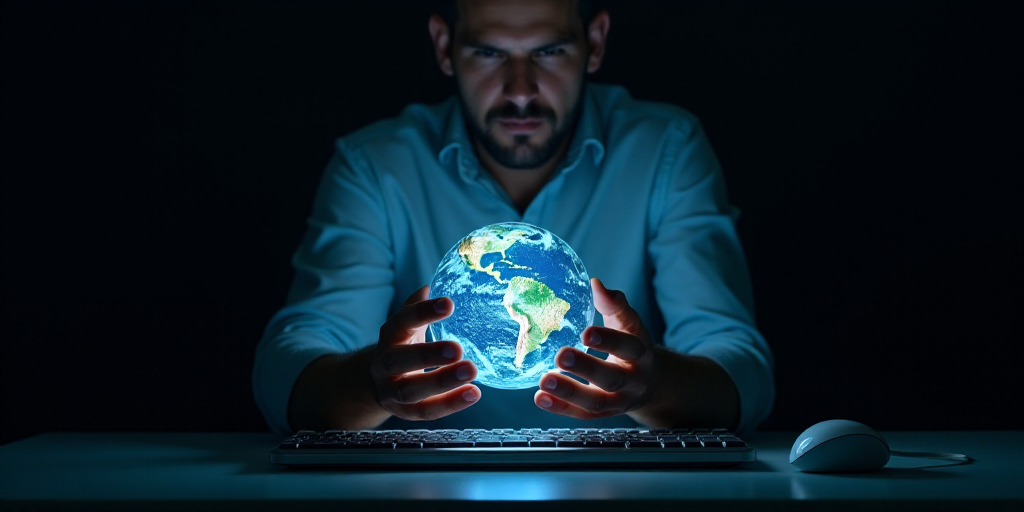 a man holding a glowing globe in his hands over a keyboard and mouse on a desk in front of a dark ba