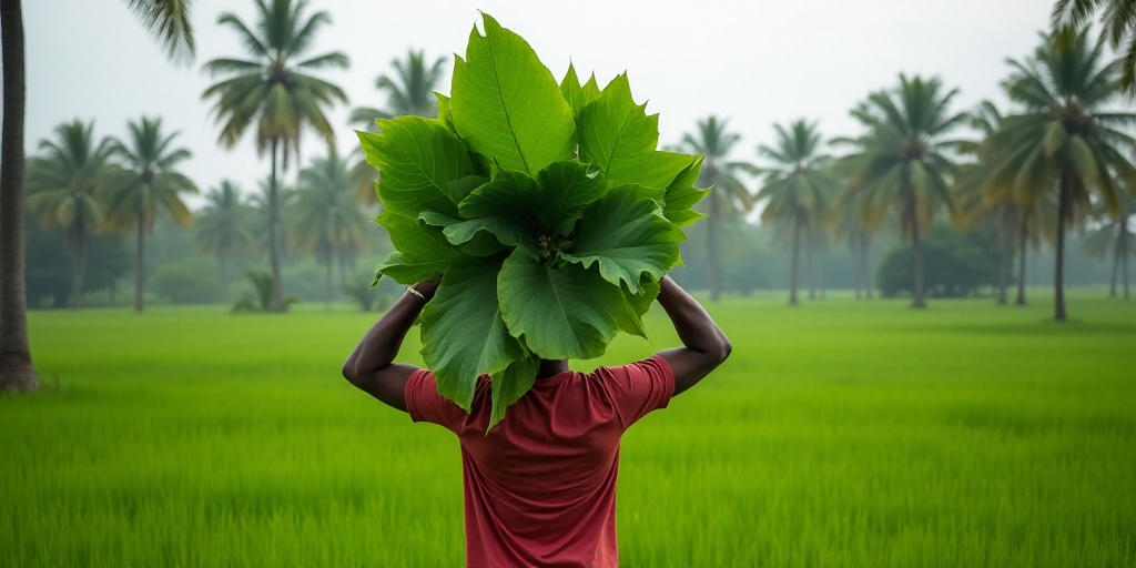 a man holding a large leafy green plant over his head in a field of palm trees and palm trees, Carpo