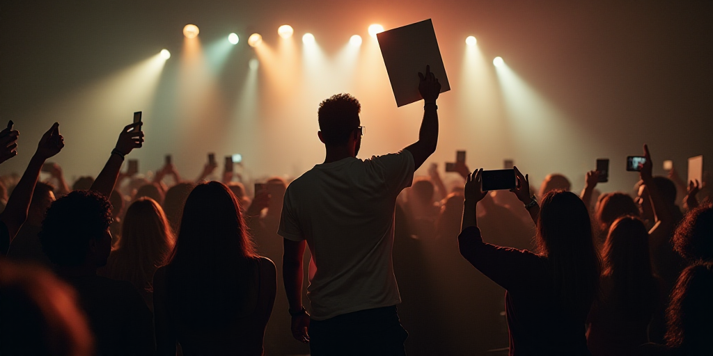 a man holding a microphone and a sign in front of a crowd of people holding cell phones and a cell p