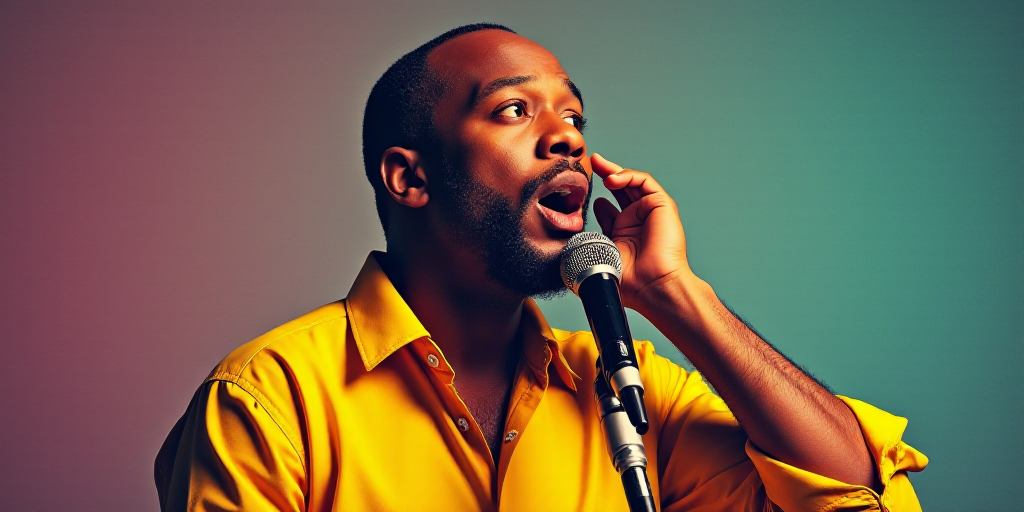 a man holding a microphone up to his ear and speaking into a microphone with a yellow shirt on his s