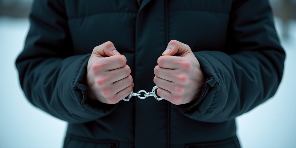 a man holding his hands in handcuffs with both hands on his chest and the other hand on his chest, D