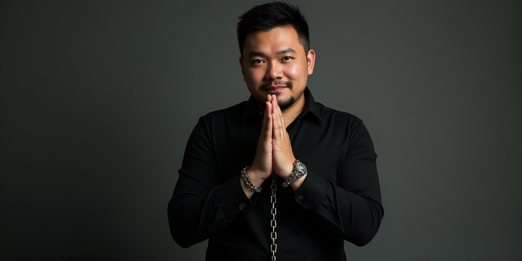 a man in a black shirt holding his hands together with a chain around his ankles and his hands in th