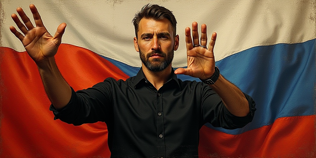 a man in a black shirt is making a gesture with his hands in front of him and a flag behind him, Dar
