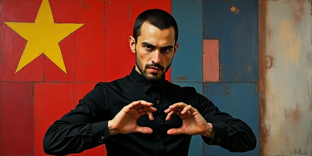 a man in a black shirt is making a gesture with his hands in front of him and a flag behind him, Dar