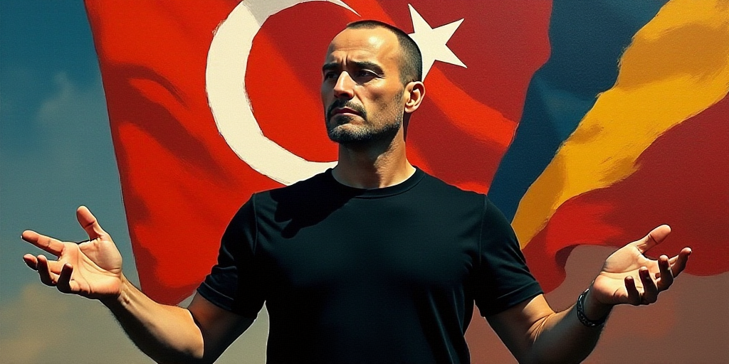 a man in a black shirt is making a gesture with his hands in front of him and a flag behind him, Ale