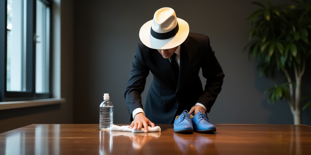a man in a black suit and a white hat is cleaning a table with a bottle of water and a pair of blue
